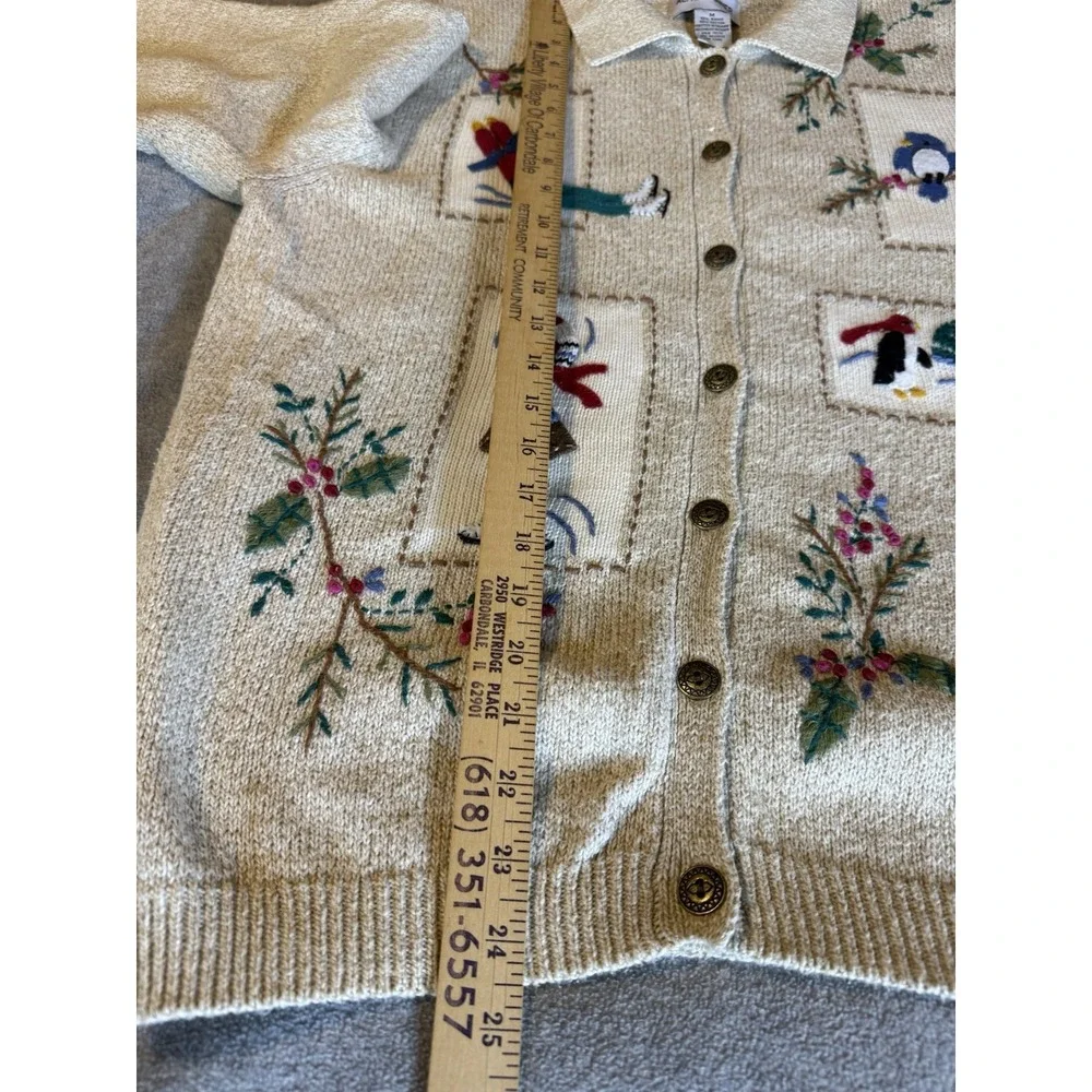 Alfred Dunner Holiday Christmas Cardigan Beige M Embroidered 3D Grandma Cottage